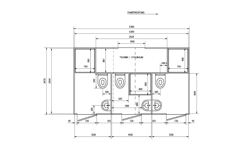 Plattegrond van de mobiele badkamer Global GL4200 3x Bad