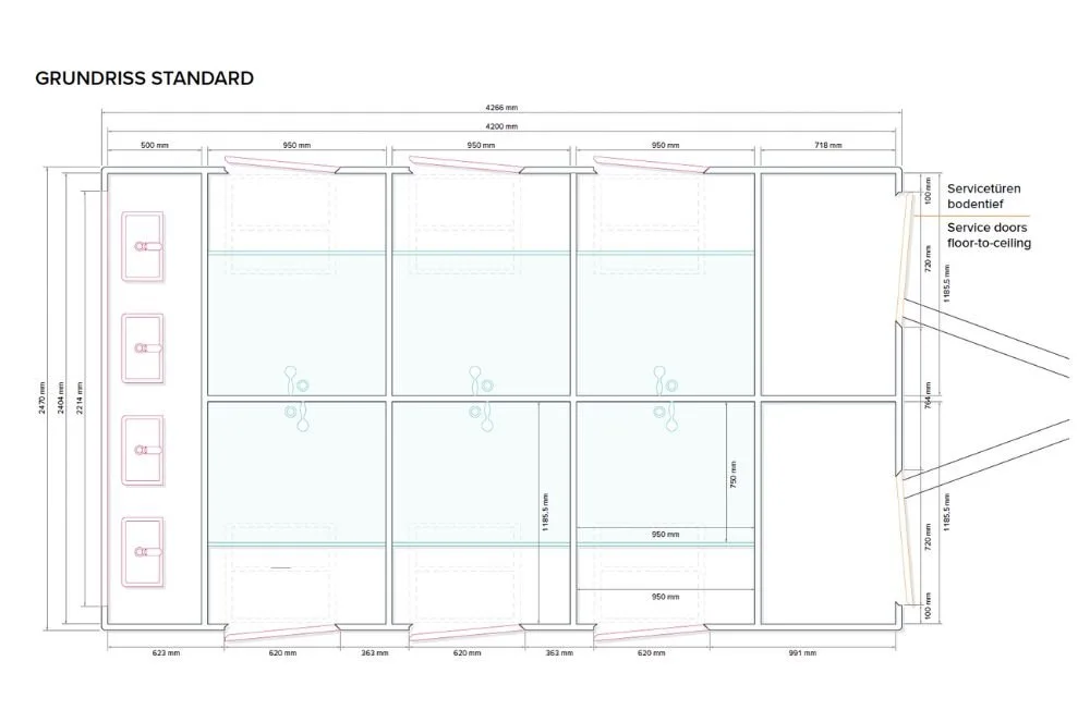 Plattegrond van de douchewagen Global GL4200 6DU 4WB