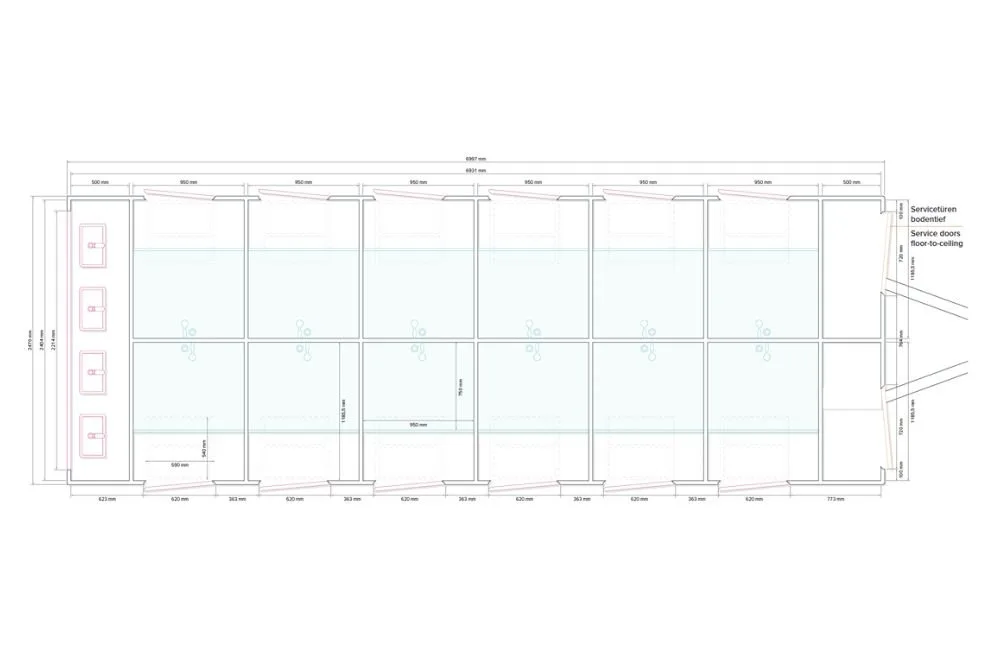 Plattegrond van de douchewagen Global GL7000 12DU 4WB