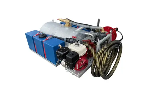 FLX 900 DS, compacte unit met blauwe tanks, motor en opgerolde slang