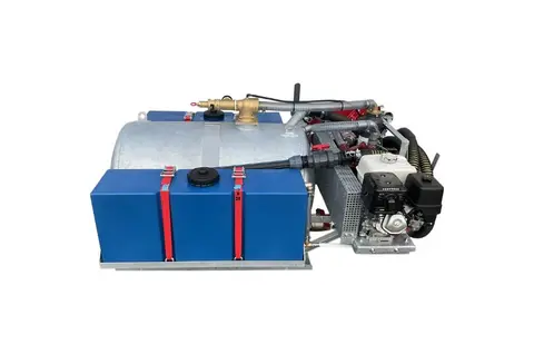 FLX 900 DS, zijaanzicht met motor, metalen tank, blauwe tank en leidingwerk