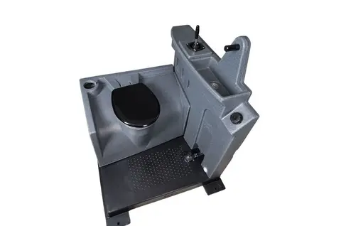 Toilettank Fresh Flush, grijze kunststof module met zwart deksel en ingebouwde wastafel