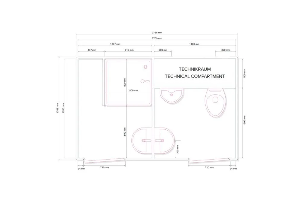 Plattegrond van de sanitaircontainer Global GM C2700 Shower 1+1