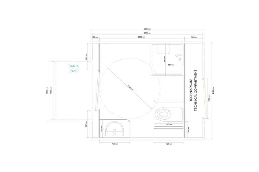 Plattegrond van de toiletcontainer Global GM C4200 Handicap + 3