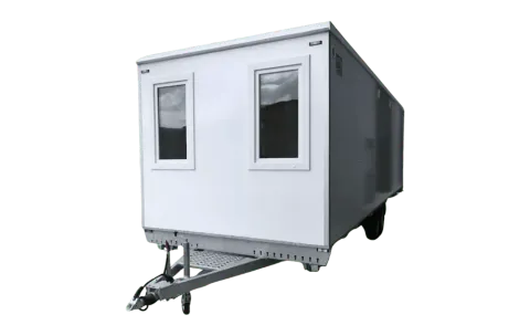 Mobiele woonunit 900 4A, buitenkant met dissel