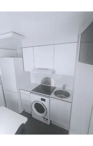 Mobiele woonunit 900 4A, keuken met koelkast, wasmachine, inductiekookplaat en wasbak