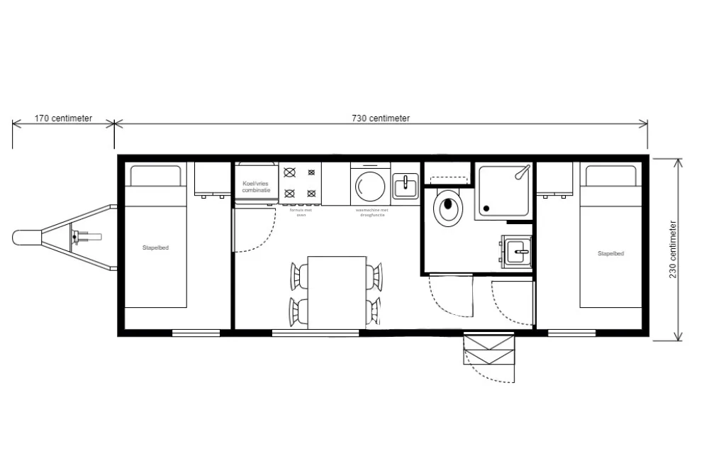 Plattegrond van de mobiele woonunit Scanvogn DL730